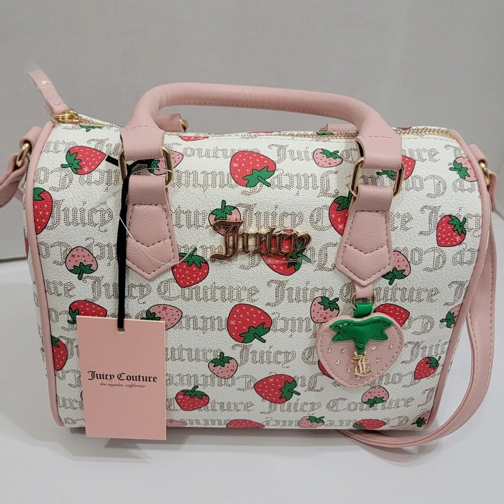 NEW Juicy Couture Pecan White Multi/Pink Diamond Freshly Picked Satchel Strawber